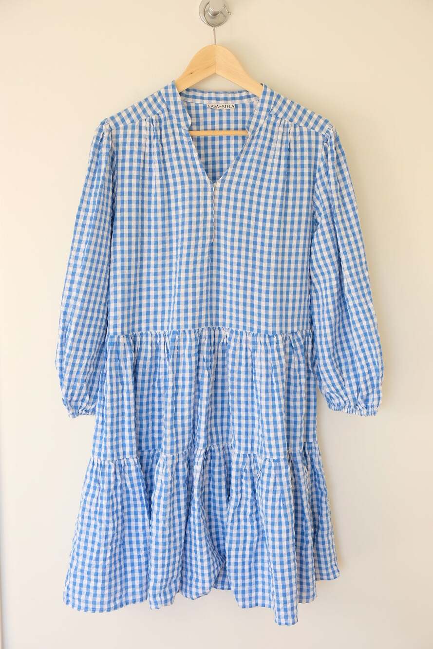 Blue Gingham Cotton Seersucker Tiered Dress Balloon Sleeve Cottagecore Coastal